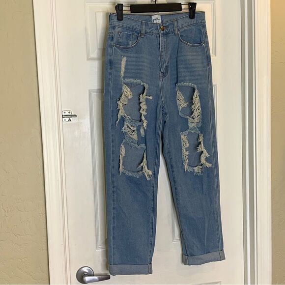 Princess Polly Distressed High Rise Rolled Cuff Jeans Size 8 - Picture 7 of 8